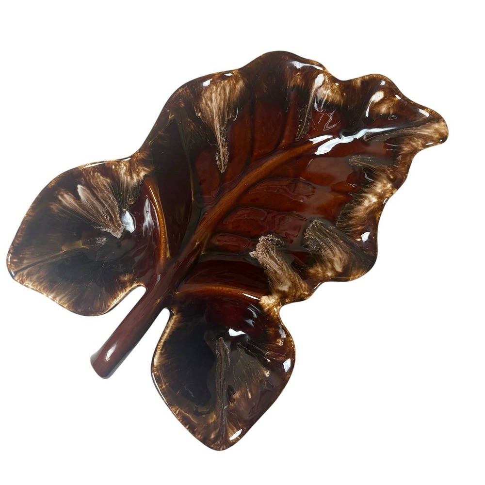 14" Vintage Hull Pottery Brown Drip Glaze Leaf Serving Bowl – Mid-Century USA